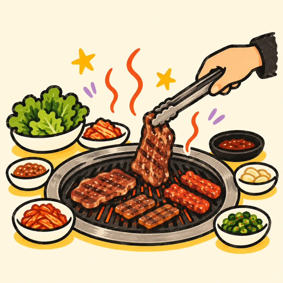 Hand-drawn BBQ grill with tongs and side dishes